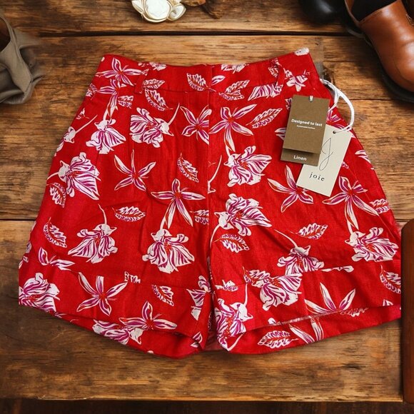 JOIE Red Linen‎ Tropical Luxe Print Flat Front Cargo Shorts Effortless Chic - Picture 1 of 8